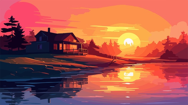 Vector a painting of a sunset with a house and the sun setting behind it