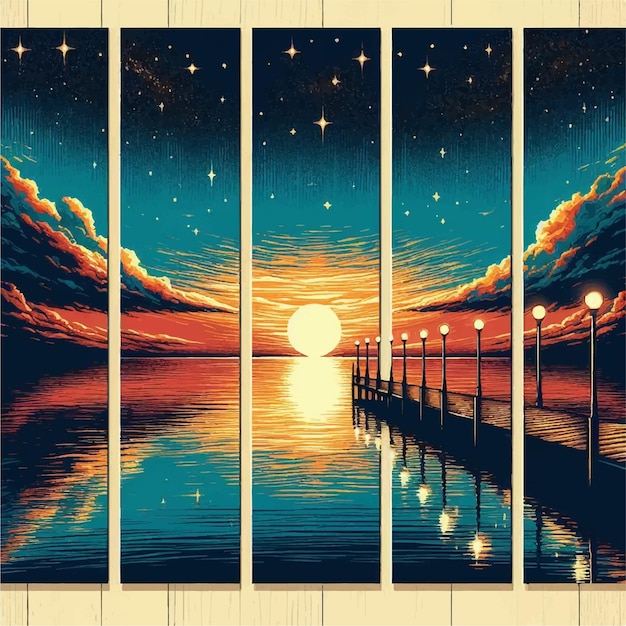 Vector a painting of a sunset with a moon and lights