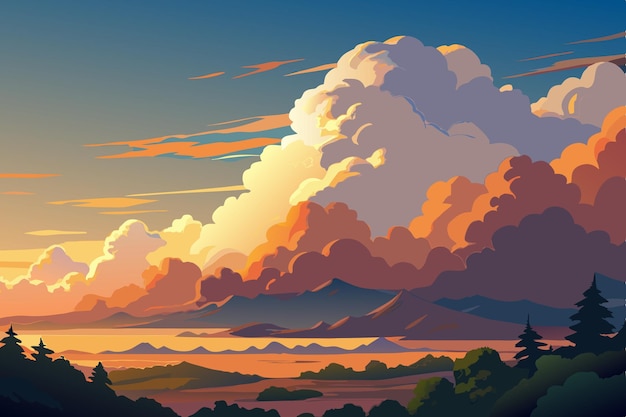 Vector a painting of a sunset with mountains and clouds