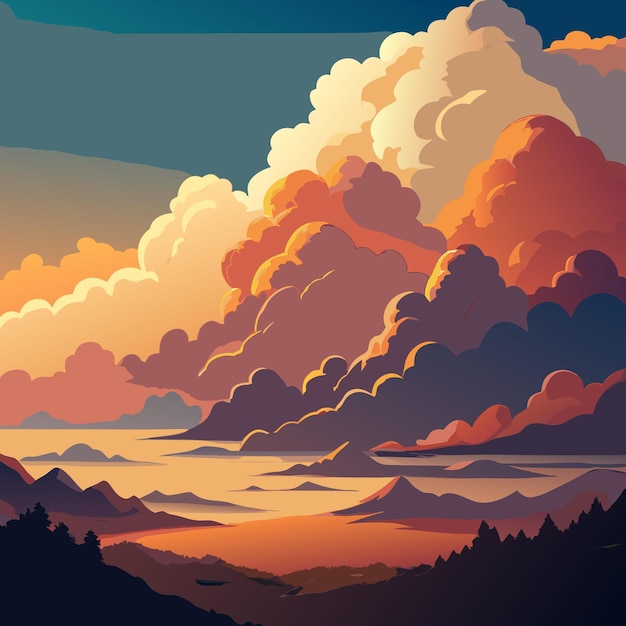 Vector a painting of a sunset with mountains and clouds