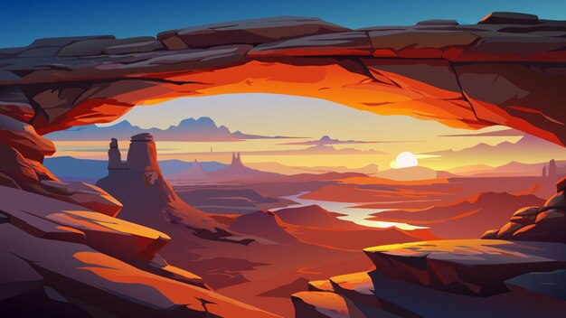 Vector a painting of a sunset with mountains and a lake