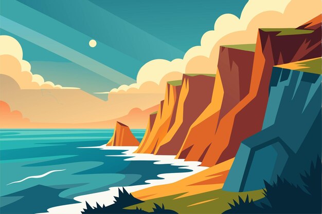 Vector a painting of a sunset with the ocean and cliffs