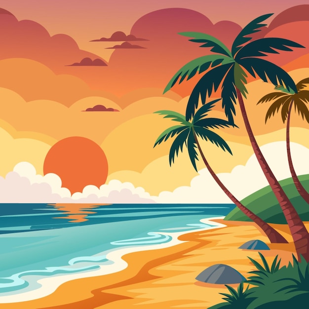 a painting of a sunset with palm trees on the beach