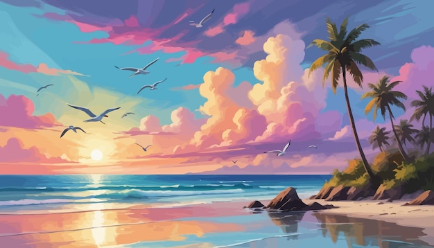 a painting of a sunset with seagulls flying over the ocean