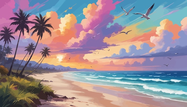 a painting of a sunset with seagulls flying over the ocean