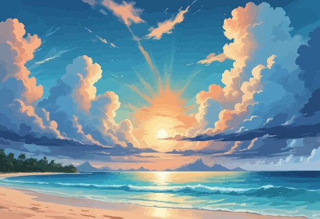 Vector a painting of a sunset with a sun shining through the clouds