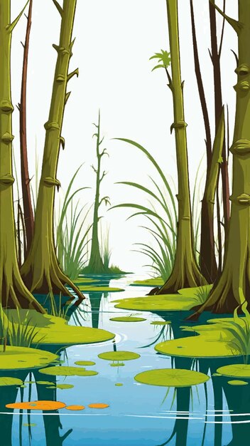 a painting of a swamp with trees cartoon drawing artwork vector