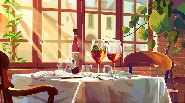 Vector a painting of a table with wine glasses and a bottle of wine