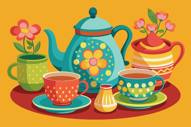 a painting of teapots and teapots with flowers on them