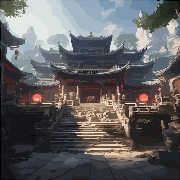 a painting of a temple game background