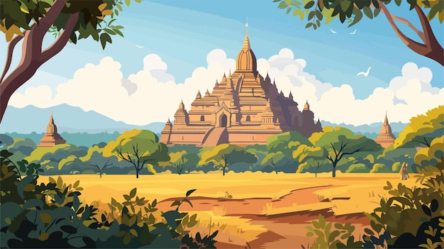 a painting of a temple in the jungle