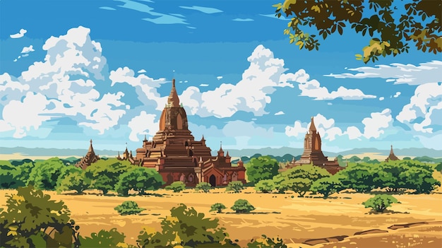 a painting of a temple in the middle of a field