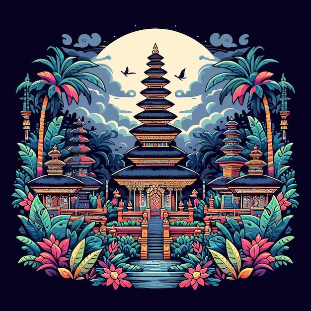 a painting of a temple with birds flying around it