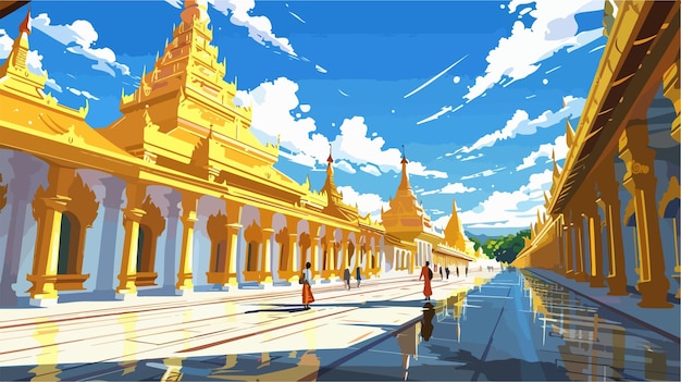 a painting of a temple with a blue sky and clouds in the background