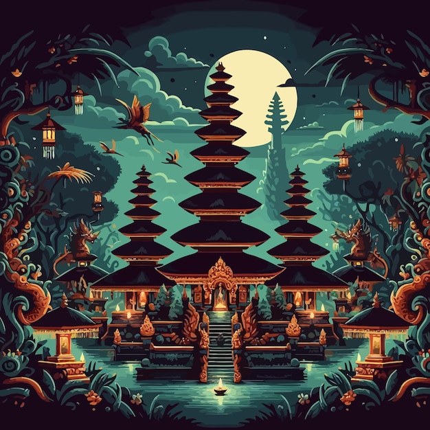 a painting of a temple with a moon in the background