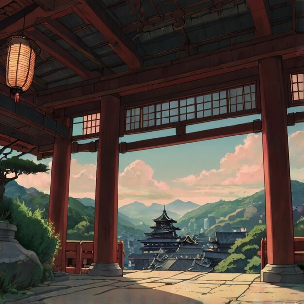 a painting of a temple with mountains in the background