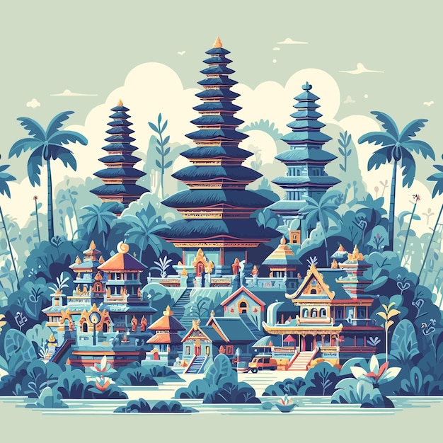 a painting of a temple with palm trees and a place called zen buddhist