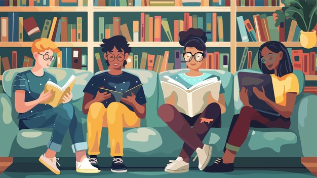 Vector a painting of three kids reading books on a couch