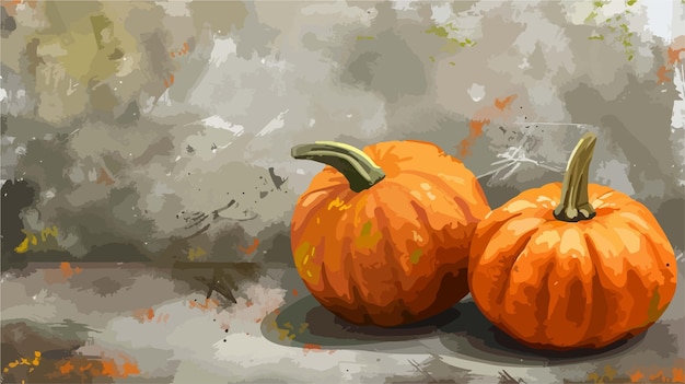 a painting of three pumpkins with one that has a sticker on it