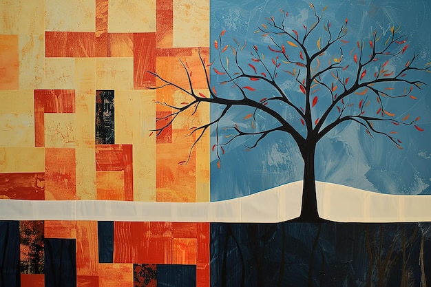 a painting of a tree and a building with a tree in the background