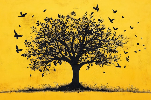 a painting of a tree with birds flying in the sky