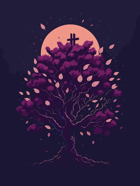 A painting of a tree with a full moon in the background