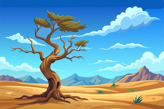 a painting of a tree with mountains in the background