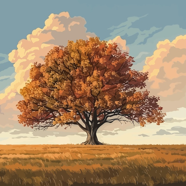 Vector a painting of a tree with a sky and clouds in the background