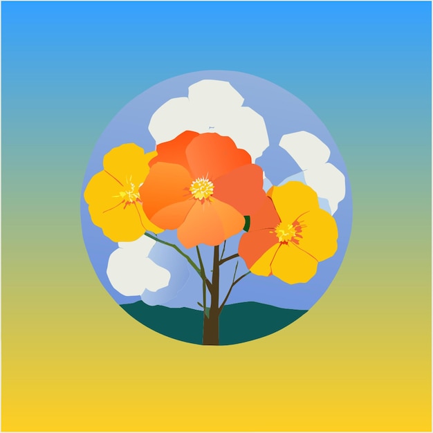 Vector a painting of a tree with yellow flowers and a blue sky with clouds