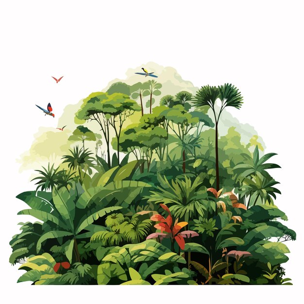 Vector a painting of a tropical forest with tropical plants and birds