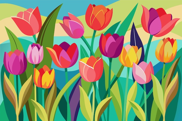 a painting of tulips in a colorful landscape