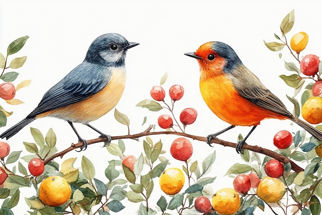 a painting of two birds on a branch with fruit in the background