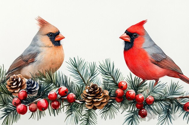 a painting of two birds on a branch with a pine cone and berries