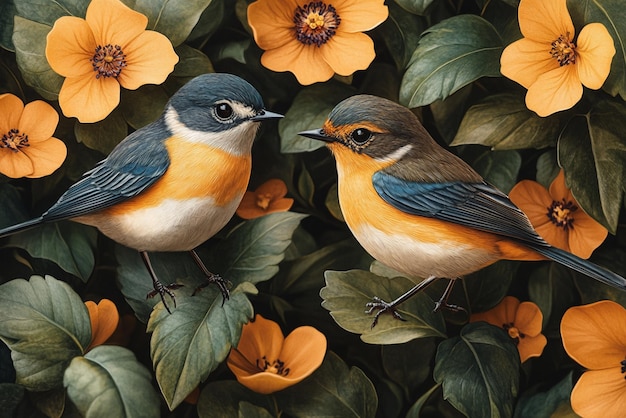 a painting of two birds with flowers in the background