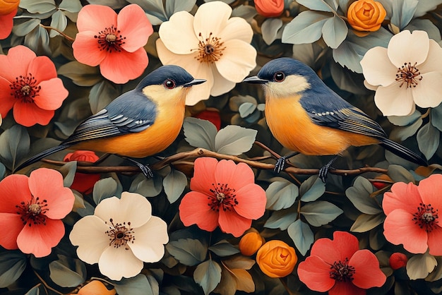 Vector a painting of two birds with flowers and flowers