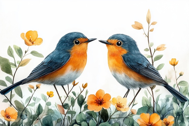 Vector a painting of two birds with yellow flowers and orange flowers