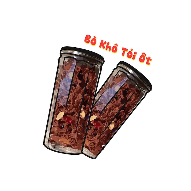 A painting of two boxes of a Vietnamese dried beef snack seasoned with garlic and chili peppers