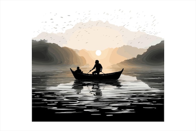 a painting of two people in a boat with the sun shining on the water