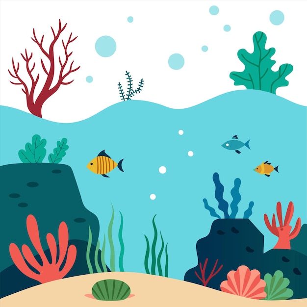 a painting of a underwater world with corals and fish