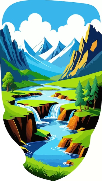 Vector a painting of a valley with river running through it cartoon drawing artwork illustration vector