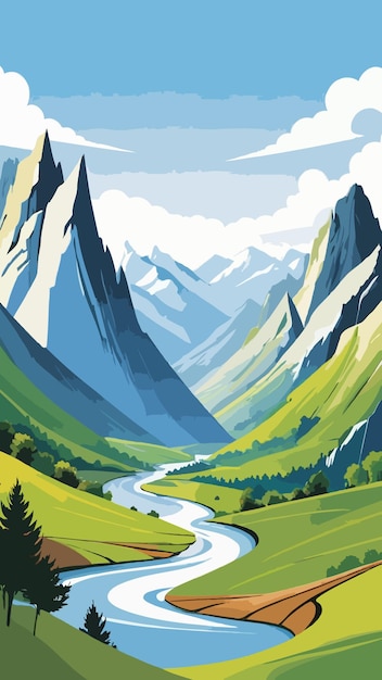 Vector a painting of a valley with river running through it cartoon drawing artwork illustration vector