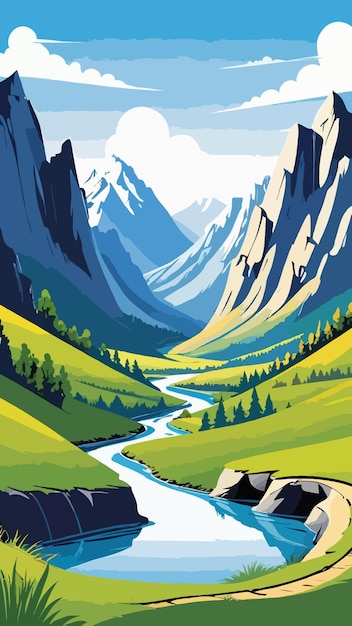 A painting of a valley with river running through it cartoon drawing artwork illustration vector