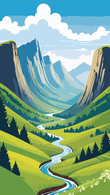 Vector a painting of a valley with river running through it cartoon drawing artwork illustration vector