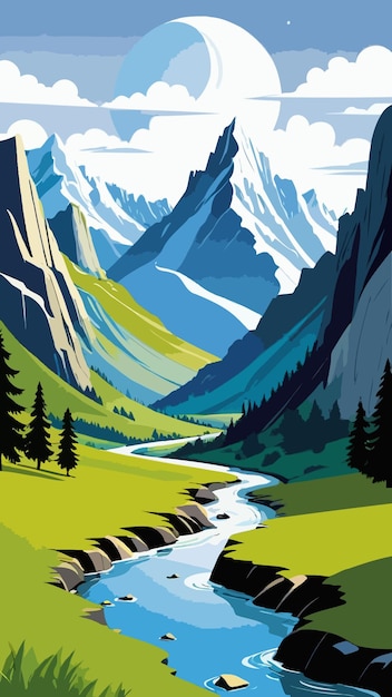 A painting of a valley with river running through it cartoon drawing artwork illustration vector