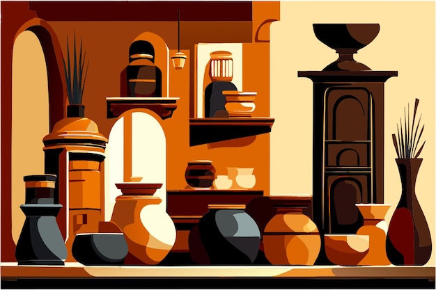 Vector a painting of a vases and pots in a room with a fireplace