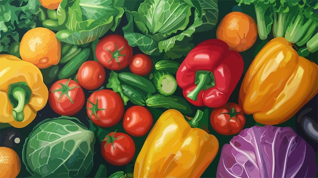 a painting of vegetables including a purple yellow red and green pepper