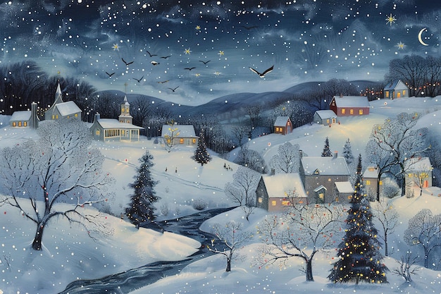 a painting of a village in winter