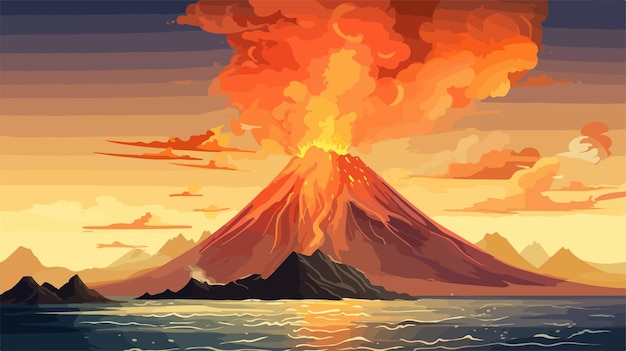 Vector a painting of volcano with a volcano in the background