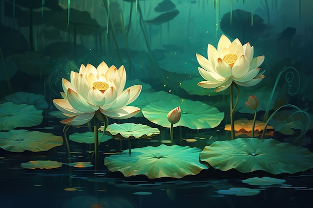 a painting of water lilies in a pond with the sun shining on them