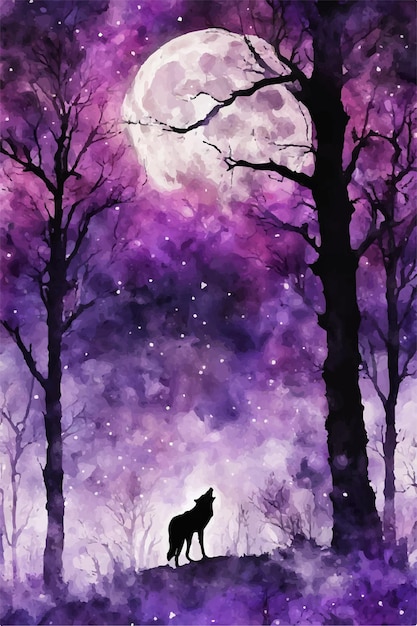 Vector a painting watercolor of a wolf in the woods with the moon behind it